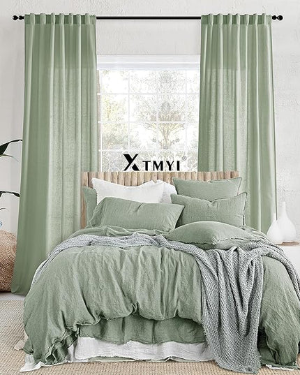 XTMYI Sage Green Back Tab/Hook Belt Linen Cotton Sheer Curtains 45 Inch Length for Bathroom Bedroom 2 Panels Set