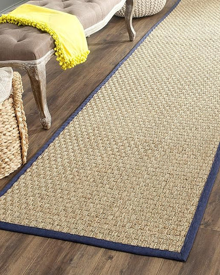 SAFAVIEH Natural Fiber Collection Runner Rug - 2'6" x 10', Natural & Blue, Seagrass, Basketweave Pattern with Border (NF114E)