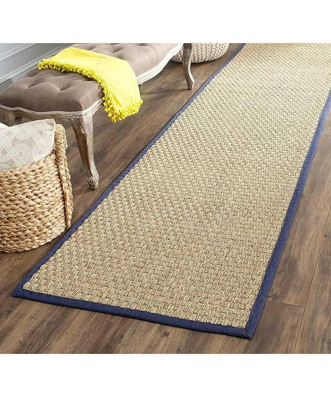SAFAVIEH Natural Fiber Collection Runner Rug - 2'6" x 10', Natural & Blue, Seagrass, Basketweave Pattern with Border (NF114E)