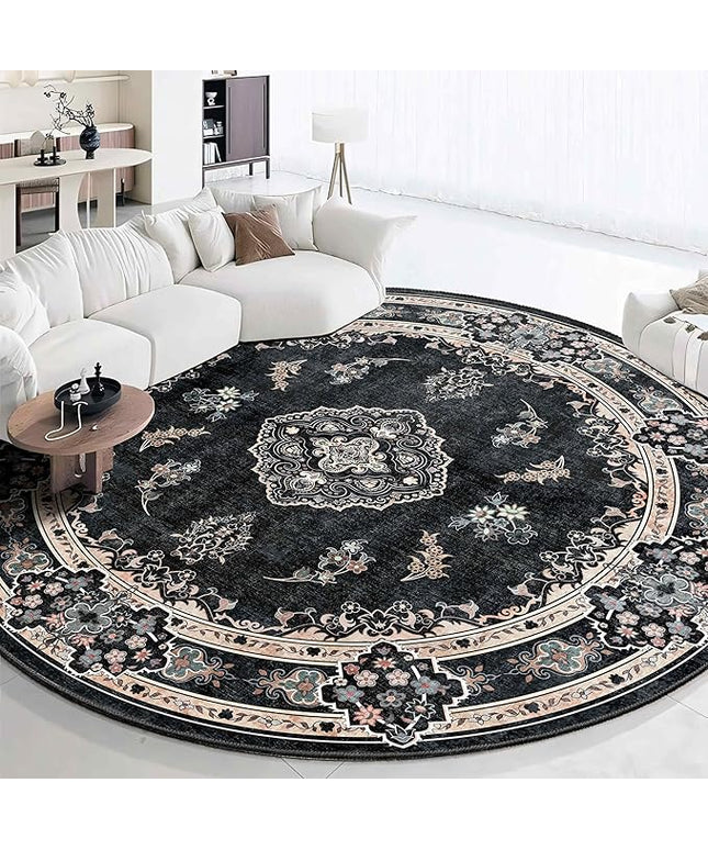 MUJOO Black Round Rug 9ft,Large Circle Washable Area Rugs for Bedroom Living Room Bathroom,Boho Non Slip Circular Carpet,Floral