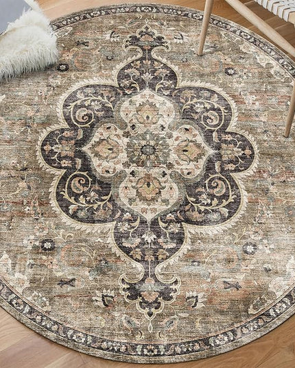 ReaLife Rugs Machine Washable Area Rug - Living Room Bedroom Bathroom Kitchen Entryway Office - Non Slip Low Pile Stain Resistant Premium - Boho Farmhouse Vintage - Joy - Brown Beige 4' Round