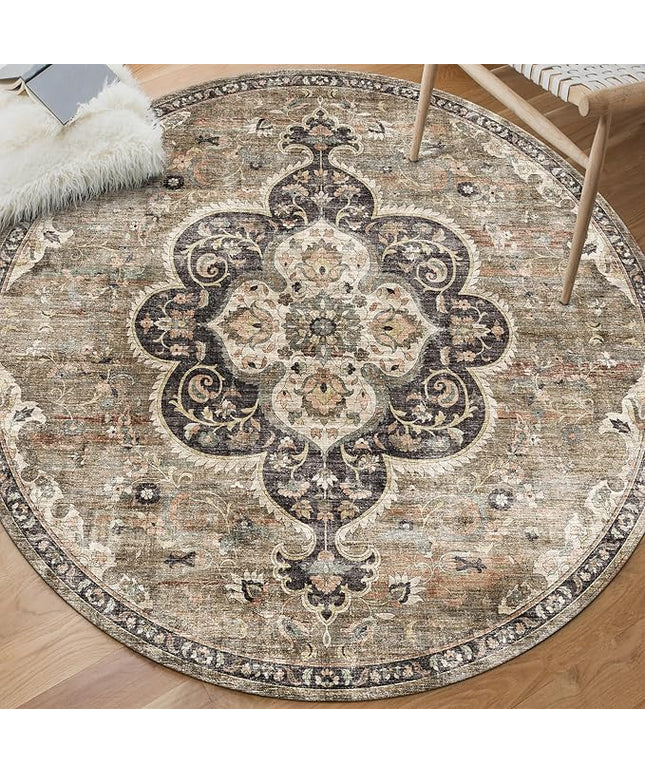 ReaLife Rugs Machine Washable Area Rug - Living Room Bedroom Bathroom Kitchen Entryway Office - Non Slip Low Pile Stain Resistant Premium - Boho Farmhouse Vintage - Joy - Brown Beige 4' Round
