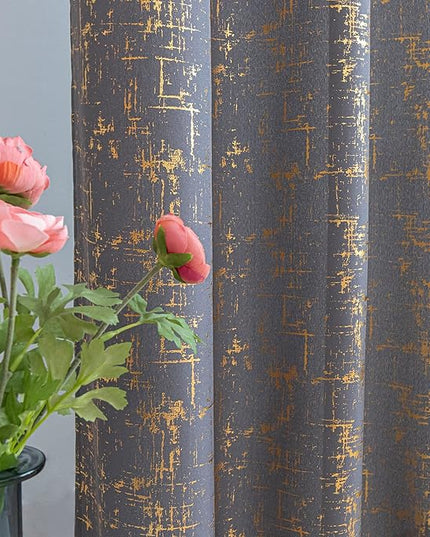 Taisier Home Room Darkening Curtains - Gold Foil Geometric Dots Print on Linen Textured Fabric, Soft Grey & Gold Window Treatment for Bedroom & Living Room (2 Panels, 84" Length)