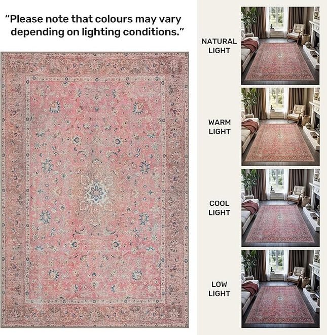 GLN Rugs Traditional Collection - Machine Washable Area Rug, Traditional Washable, Non Slip, Low Pile Chenille Rug, Living Room, Bedroom, Kitchen Rug (5'3" Round Pink Vintage)
