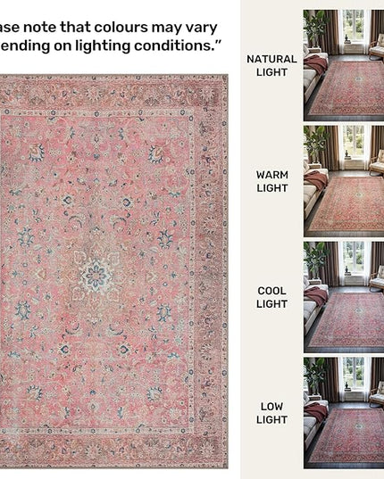 GLN Rugs Traditional Collection - Machine Washable Area Rug, Traditional Washable, Non Slip, Low Pile Chenille Rug, Living Room, Bedroom, Kitchen Rug (3'x5' Pink Vintage)