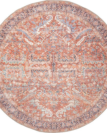 GLN Rugs Traditional Collection - Machine Washable Area Rug, Traditional Washable, Non Slip, Low Pile Chenille Rug, Living Room, Bedroom, Kitchen Rug (5'3" Round Terra Cotta)