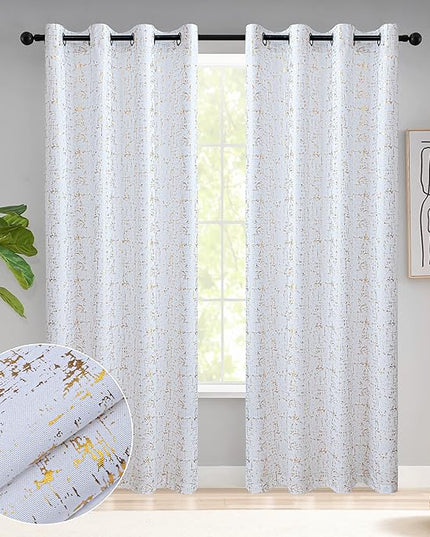Taisier Home Gold Foil Print Linen Textured Curtains - Geometric Dots Pattern Design for Bedroom & Living Room - Thermal Insulated Window Treatment, 2 Panels, 84" L, White and Gold
