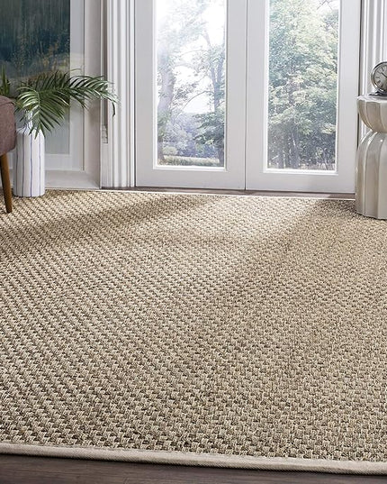 SAFAVIEH Area Rug 4' Square - Natural Fiber Collection - Natural & Ivory, Seagrass, Basketweave Pattern with Border (NF114J)
