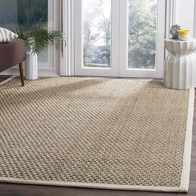 SAFAVIEH Area Rug 4x6 - Natural Fiber Collection - Natural & Ivory, Seagrass, Basketweave Pattern with Border (NF114J)