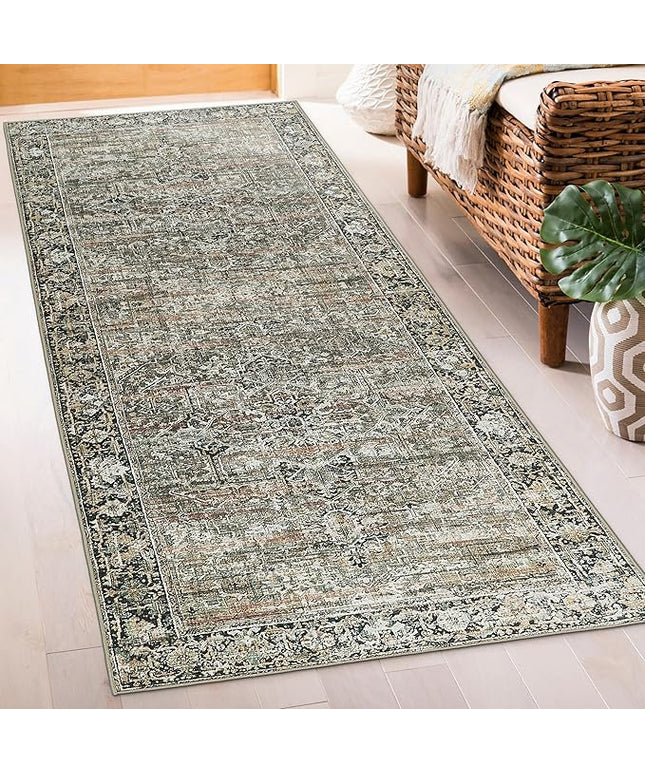 ReaLife Rugs Machine Washable Area Rug Runner - Living Room Bedroom Bathroom Kitchen Entryway Office - Padded Low Pile Stain Resistant Premium - Boho Farmhouse Vintage - Lyle - Brown 2'6" x 8'