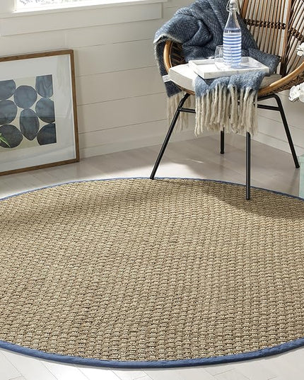 SAFAVIEH Area Rug 8' Round - Natural Fiber Collection - Natural & Navy, Seagrass, Basketweave Pattern with Border (NF114T)