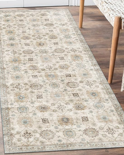 ReaLife Rugs Machine Washable Area Rug Runner - Living Room Bedroom Bathroom Kitchen Entryway Office - Padded Low Pile Stain Resistant Premium - Boho Farmhouse Vintage - Bryn - Beige Seafoam 2'6"x6'