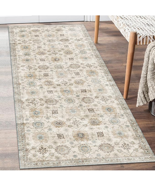 ReaLife Rugs Machine Washable Area Rug Runner - Living Room Bedroom Bathroom Kitchen Entryway Office - Padded Low Pile Stain Resistant Premium - Boho Farmhouse Vintage - Bryn - Beige Seafoam 2'6"x6'