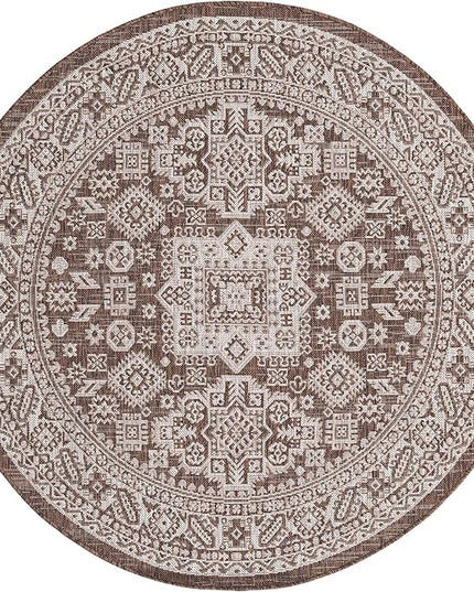 Rugs.com Outdoor Aztec Collection Rug – 5 Ft Round Brown Flatweave Rug Perfect for Kitchens, Dining Rooms