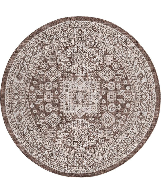 Rugs.com Outdoor Aztec Collection Rug – 5 Ft Round Brown Flatweave Rug Perfect for Kitchens, Dining Rooms