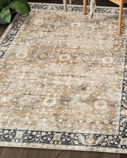ReaLife Rugs Machine Washable Area Rug Runner - Living Room Bedroom Bathroom Kitchen Entryway Office - Padded Low Pile Stain Resistant Premium - Boho Farmhouse Vintage - BEV - Beige Tan Brown 3' x 5'