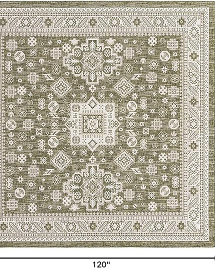 Rugs.com Outdoor Aztec Collection Rug – 10 Ft Square Green Flatweave Rug Perfect for Living Rooms, Kitchens, Entryways