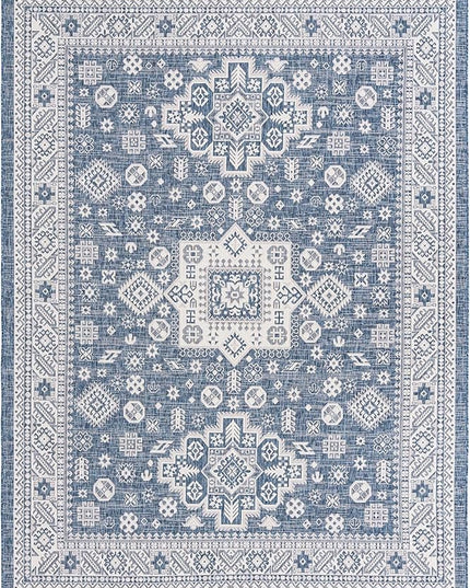 Rugs.com Outdoor Aztec Collection Rug – 9' x 12' Blue Flatweave Rug Perfect for Living Rooms, Large Dining Rooms, Open Floorplans