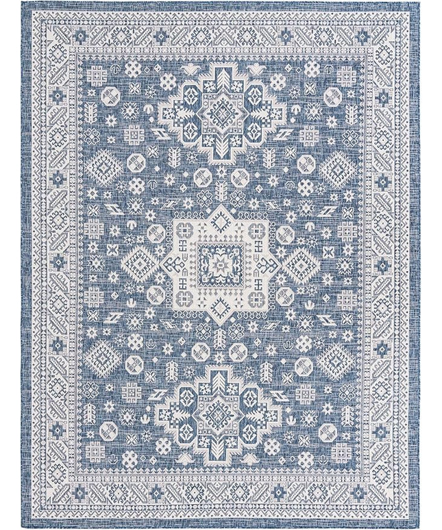 Rugs.com Outdoor Aztec Collection Rug – 9' x 12' Blue Flatweave Rug Perfect for Living Rooms, Large Dining Rooms, Open Floorplans