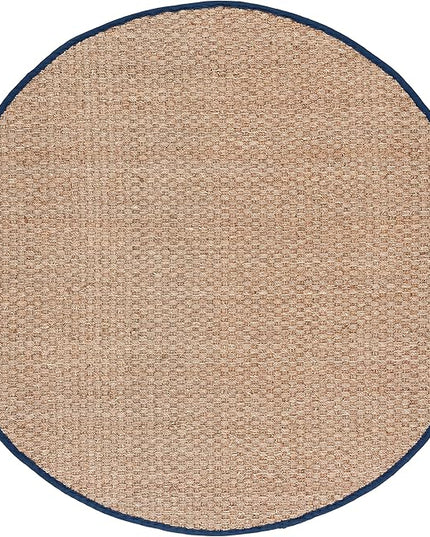 SAFAVIEH Area Rug 8' Round - Natural Fiber Collection - Large - Natural & Blue, Seagrass, Basketweave Pattern with Border (NF114E)
