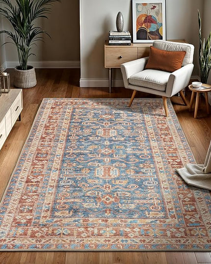 GLN Rugs Traditional Collection - Machine Washable Area Rug, Traditional Washable, Non Slip, Low Pile Chenille Rug, Living Room, Bedroom, Kitchen Rug (3'x5' Terra and Blue)