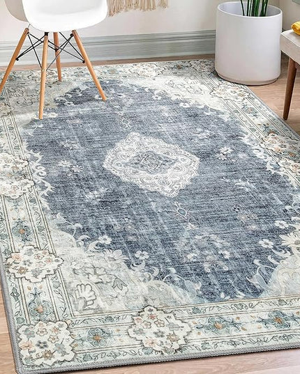 MUJOO Boho Rug 3'x5' Blue Grey Rugs Machine Washable Area Rug Small Non Slip Throw Rugs for Entryway Bedroom Bedside Kitchen Hallway Living Room Laundry Room Indoor Carpet Soft Low-Pile Floral