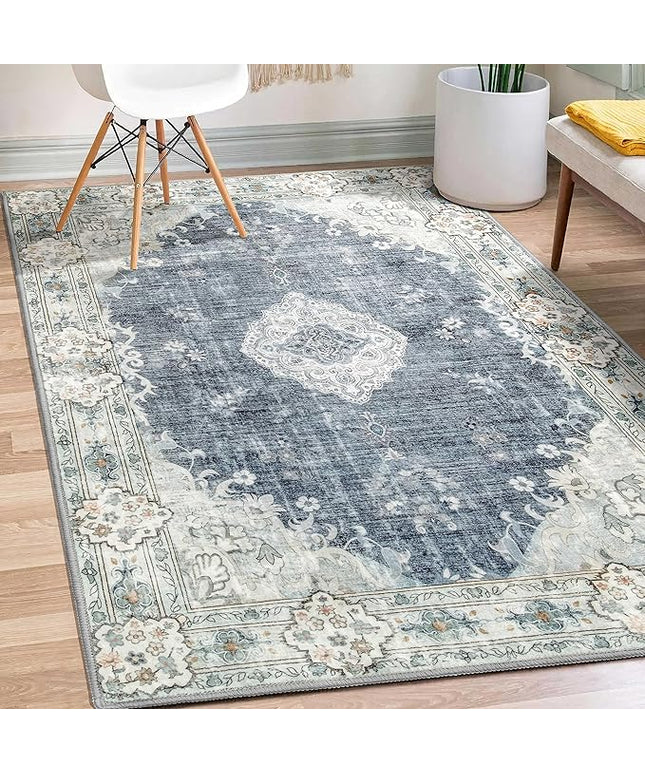 MUJOO Boho Rug 3'x5' Blue Grey Rugs Machine Washable Area Rug Small Non Slip Throw Rugs for Entryway Bedroom Bedside Kitchen Hallway Living Room Laundry Room Indoor Carpet Soft Low-Pile Floral