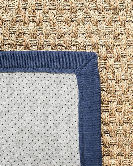 SAFAVIEH Natural Fiber Collection Runner Rug - 2'6" x 8', Natural & Blue, Seagrass, Basketweave Pattern with Border (NF114E)