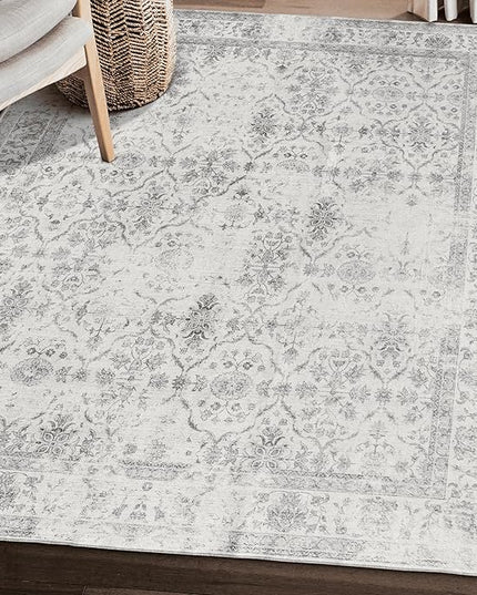 ReaLife Rugs Machine Washable Area Rug - Living Room Bedroom Bathroom Kitchen Entryway Office - Padded Low Pile Stain Resistant Premium - Boho Farmhouse Vintage - Noor - Ivory Grey 5' x 7'