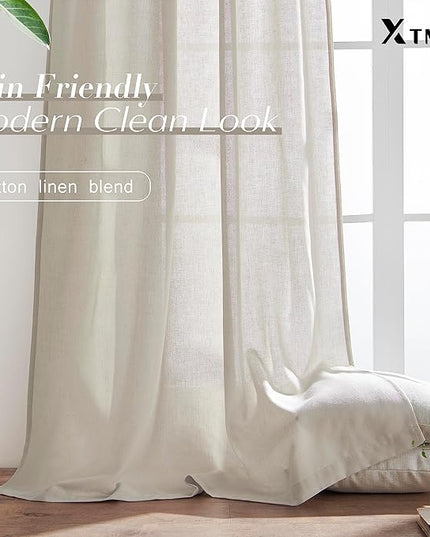 XTMYI Back Tab/Hook Belt Linen Cotton Sheer Curtains for Bedroom 2 Panels,45 Inch Length,Oatmeal Beige