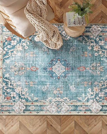 MUJOO Boho Rug 3'x5' Machine Washable Teal Small Area Rugs for Entryway Bedroom Bedside Kitchen Hallway Living Room Laundry Room Indoor Mat Soft Low-Pile Blue Floral Non Slip