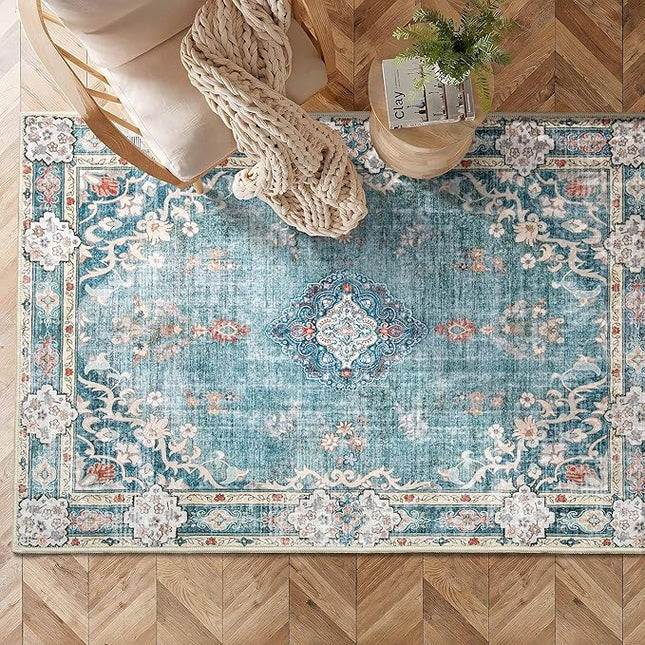 MUJOO Boho Rug 3'x5' Machine Washable Teal Small Area Rugs for Entryway Bedroom Bedside Kitchen Hallway Living Room Laundry Room Indoor Mat Soft Low-Pile Blue Floral Non Slip