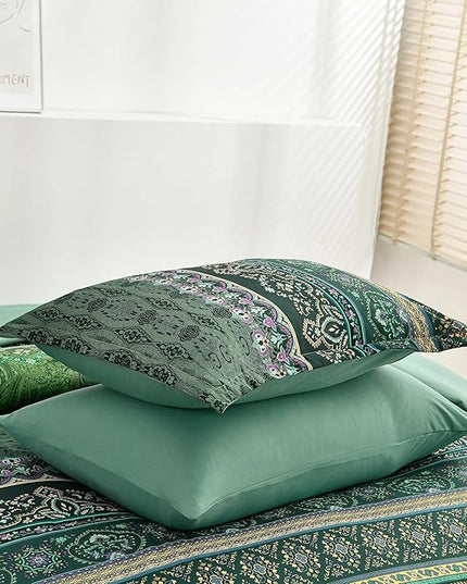 Boho Green Comforter Set Queen Size,8 Piece Bed in a Bag Bohemian Striped Bedding Quilt Set,Dark green Paisley Floral Comforter and Sheet Set,Soft Microfiber Complete Bedding Sets for All Season