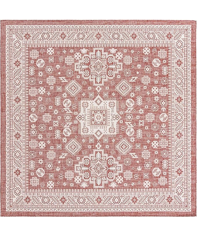 Rugs.com Outdoor Aztec Collection Rug – 10 Ft Square Rust Red Flatweave Rug Perfect for Living Rooms, Kitchens, Entryways