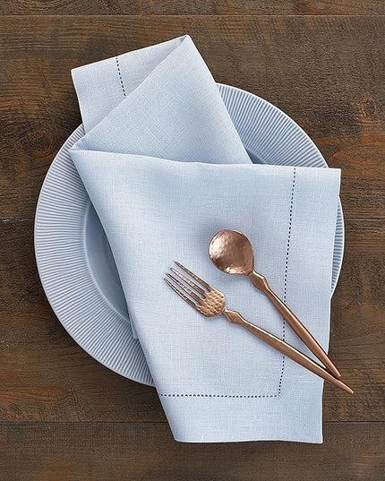 Solino Home Light Blue Linen Napkins Set of 4-100% Pure Linen Hemstitch Dinner Napkins 20 x 20 Inch for Christmas, Winter, New Year - Classic Hemstitch