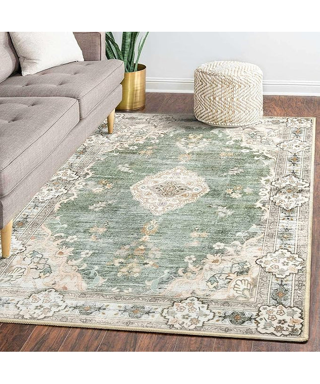 MUJOO 5'x7' Area Rugs Green Machine Washable Rugs Living Room Rugs Boho Area Rug for Bedroom Laundry Room Kitchen Non Slip Carpet Abstract Soft Low-Pile Floral