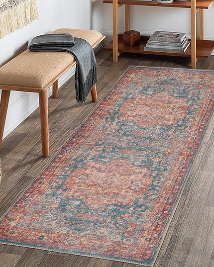 GLN Rugs Traditional Collection - Machine Washable Area Rug, Traditional Washable, Non Slip, Low Pile Chenille Rug, Living Room, Bedroom, Kitchen Rug (2'6"x7' Terra/Green)
