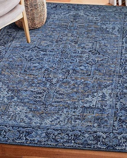 ReaLife Rugs Machine Washable Area Rug Runner - Living Room Bedroom Bathroom Kitchen Entryway Office - Padded Low Pile Stain Resistant Premium - Boho Vintage Traditional - Lyle - Blue 3' x 5'