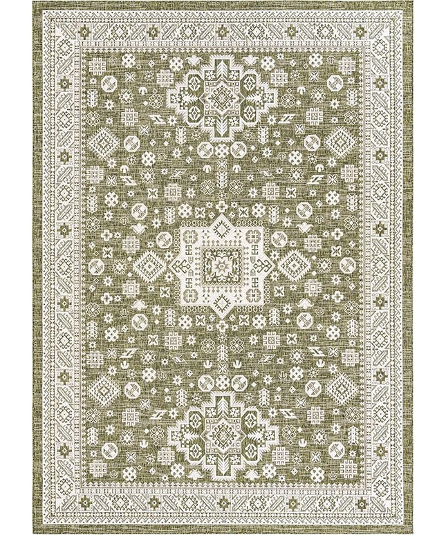Rugs.com Outdoor Aztec Collection Rug – 10' x 14' Green Flatweave Rug Perfect for Living Rooms, Large Dining Rooms, Open Floorplans