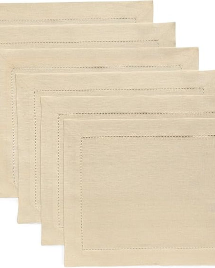 Solino Home Linen Cloth Placemats Set of 6-100% Pure Linen Hemstitch Beige Placemats 14 x 19 Inch - Classic Hemstitch Table Place Mats