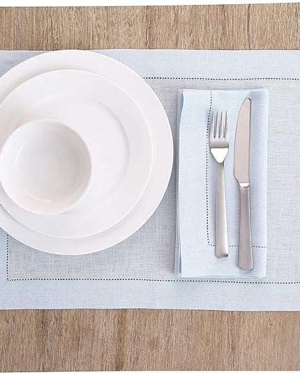 Solino Home Linen Cloth Placemats Set of 6-100% Pure Linen Hemstitch Light Blue Placemats 14 x 19 Inch - Classic Hemstitch Table Place Mats for Christmas, Winter, New Year