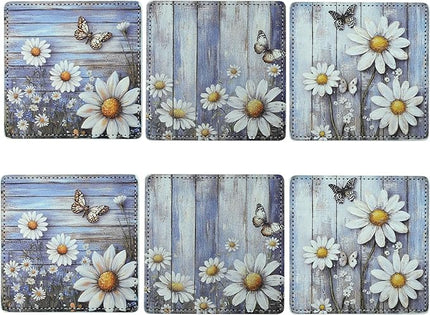 Marble Coasters Square Leather Drinks Coaster Set with Holder for Coffee Table Bar Home Decor 4 Inches Set of 6 (Butterfly, One Size)
