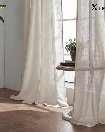 XTMYI Oatmeal Beige Back Tab/Hook Belt Linen Cotton Sheer Curtains 120 Inches Long for Living Room Bedroom 2 Panels Set