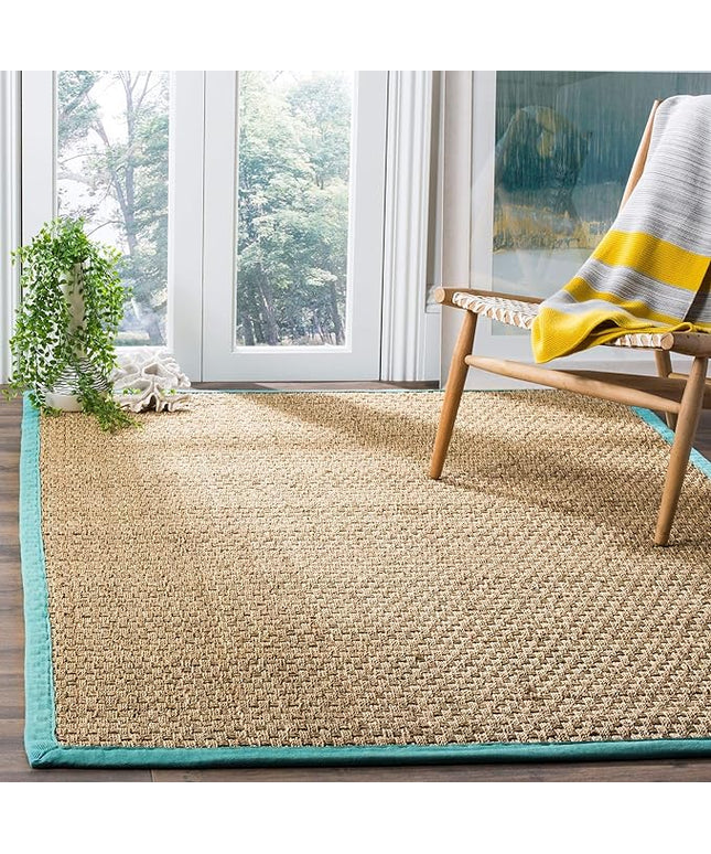 SAFAVIEH Area Rug 8x10 - Natural Fiber Collection - Large - Natural & Teal, Seagrass, Basketweave Pattern (NF114R)