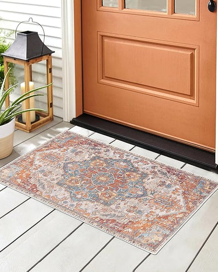 GLN Rugs Traditional Collection - Machine Washable Area Rug, Traditional Washable, Non Slip, Low Pile Chenille Rug, Living Room, Bedroom, Kitchen Rug (2'x3' Cream/Terra)