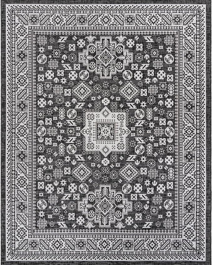 Rugs.com Outdoor Aztec Collection Rug – 8x10 Charcoal Gray Flatweave-Pile Rug Perfect for Living Rooms, Large Dining Rooms, Open Floorplans