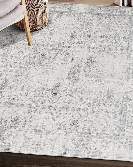 ReaLife Rugs Machine Washable Area Rug - Living Room Bedroom Bathroom Kitchen Entryway Office - Padded Low Pile Stain Resistant Premium - Boho Farmhouse Vintage - Noor - Ivory Grey 7'6" x 9'6"