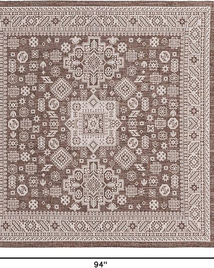 Rugs.com Outdoor Aztec Collection Rug – 8 Ft Square Brown Flatweave Rug Perfect for Living Rooms, Kitchens, Entryways