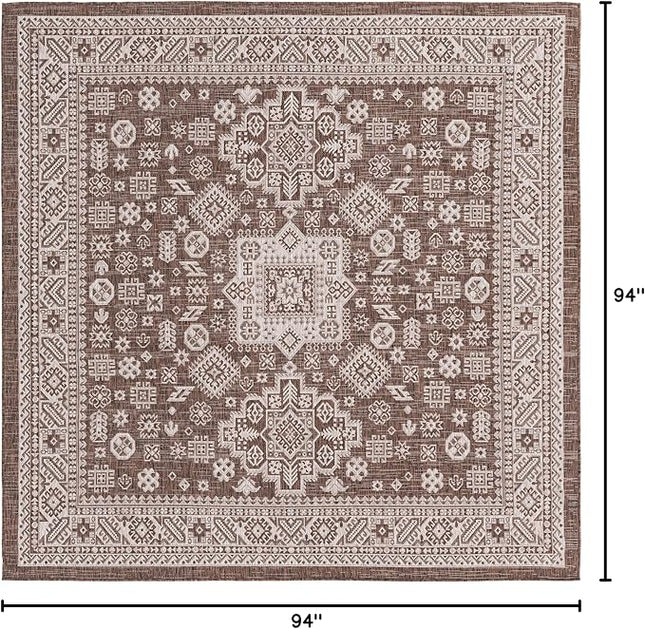 Rugs.com Outdoor Aztec Collection Rug – 8 Ft Square Brown Flatweave Rug Perfect for Living Rooms, Kitchens, Entryways