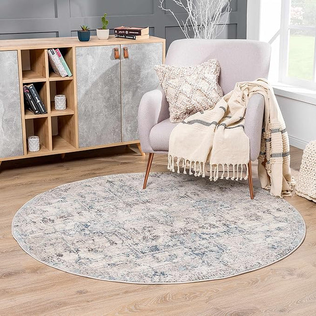 BoutiqueRugs Orrick Oriental Boho Vintage Area Rug - Farmhouse Traditional Patterned Carpet for Living Room, Bedroom - Pale Blue, Aqua, Cream, Brown - 7'10" Round